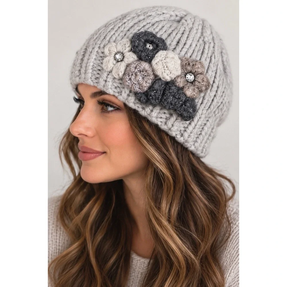 Gelso Bianca Womens Alpaca Wool Knit Beanie Hat Sz OS Gray Floral Rhinestone Y2K